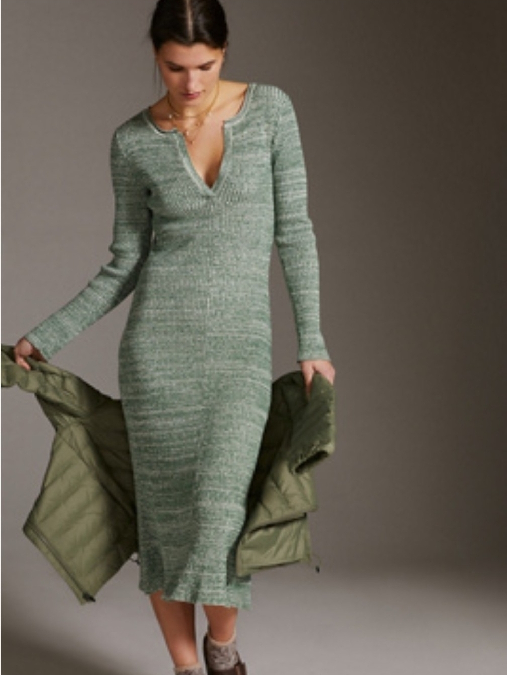Daily Practice Anthropologie Fit&Flare Long Sleeve Ribbed Knit Midi Dress Sz L